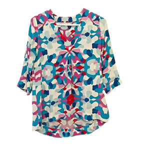 Annie Griffin Silk Blouse Womens Multicolor XS V Neck Hi Low Tunic 3/4 Sleeve